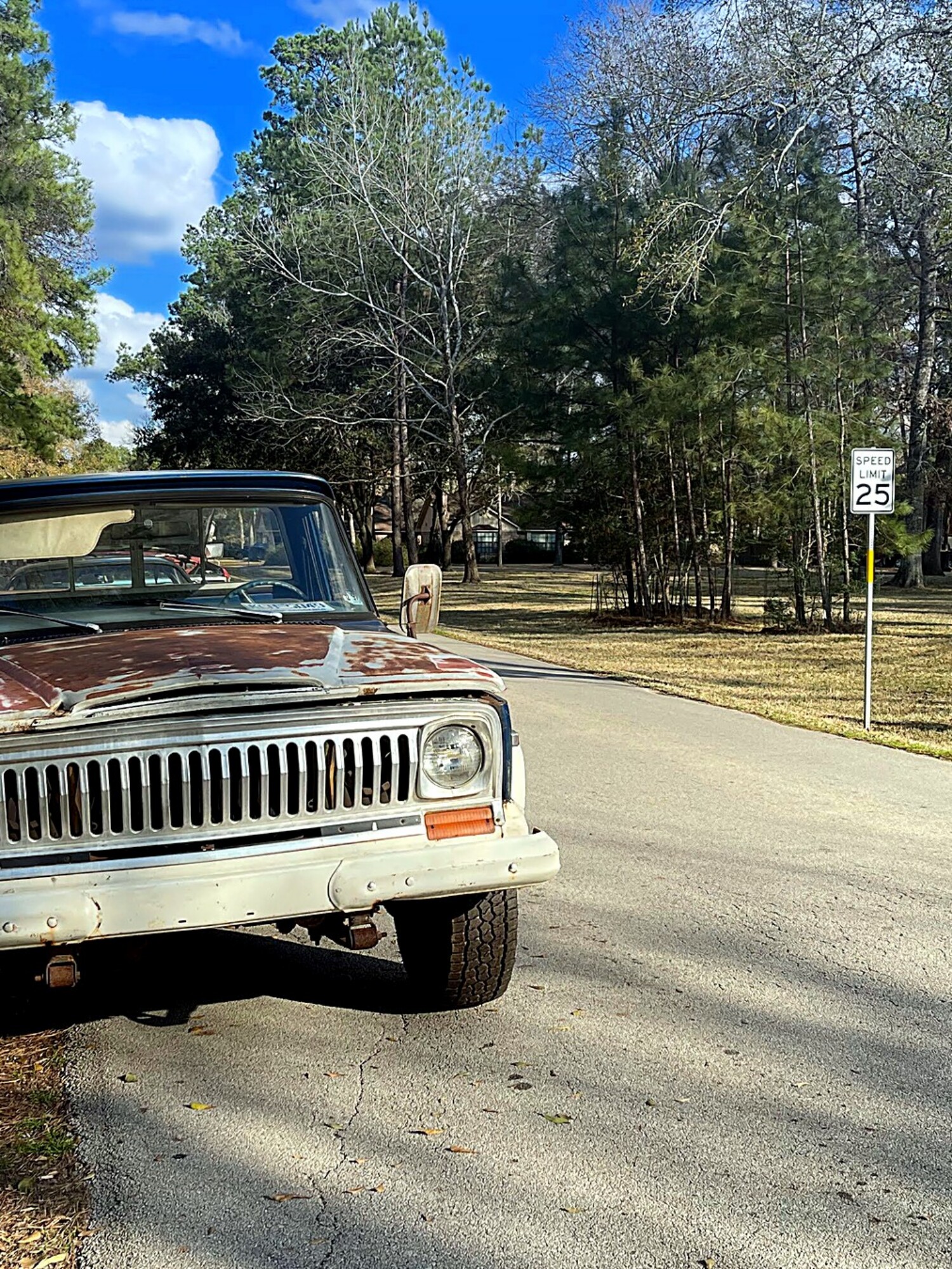 1977 Jeep J10 dually Buck the Lumberjack, blue and white, front view